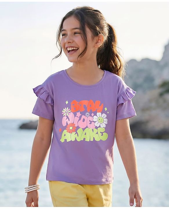 Pine Kids 100% Cotton Knit Half Sleeves Floral Printed T-Shirt - Purple