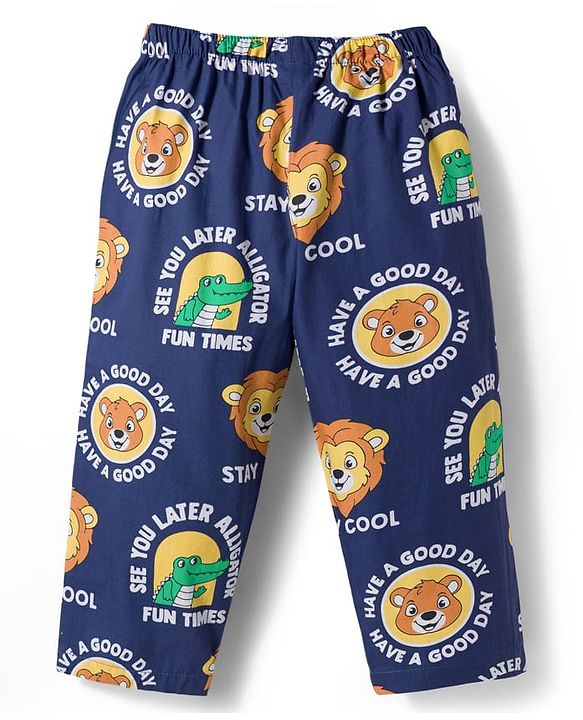 Babyhug Cotton Woven Full Sleeves Co-ord Night Suit With Animal Print - Navy Blue