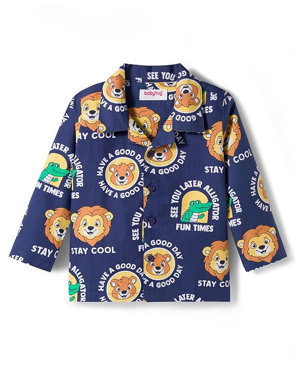 Babyhug Cotton Woven Full Sleeves Co-ord Night Suit With Animal Print - Navy Blue