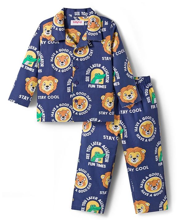 Babyhug Cotton Woven Full Sleeves Co-ord Night Suit With Animal Print - Navy Blue