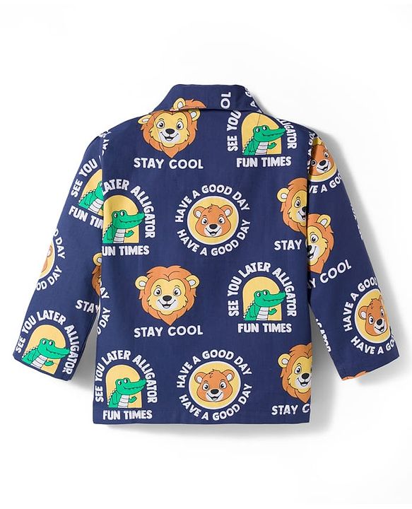 Babyhug Cotton Woven Full Sleeves Co-ord Night Suit With Animal Print - Navy Blue