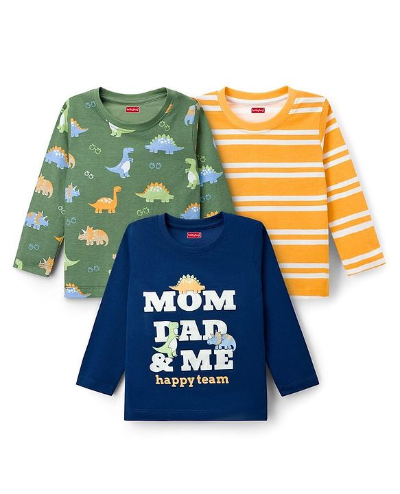 Babyhug Cotton Knit Full Sleeves T-Shirts With Dino Print Pack of 3 - Navy Blue Green & Yellow