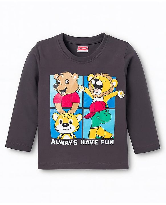 Babyhug Cotton Knit Full Sleeves T-Shirt with Animal Print - Black