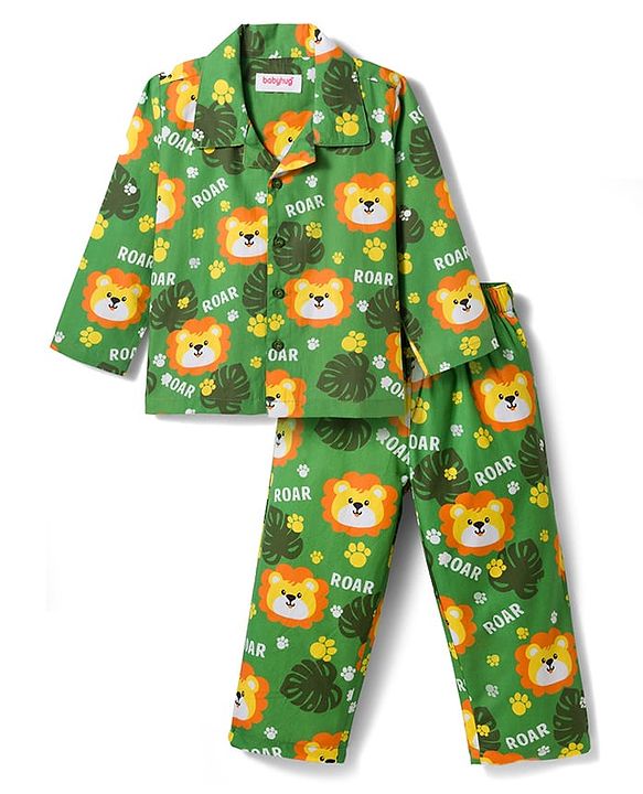 Babyhug Cotton Woven Full Sleeves Co-ord Night Suit With Animal Print - Green