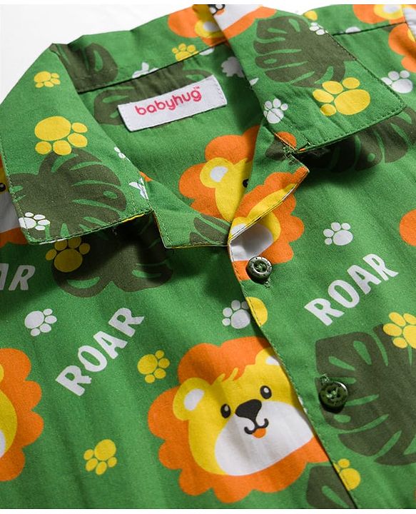 Babyhug Cotton Woven Full Sleeves Co-ord Night Suit With Animal Print - Green