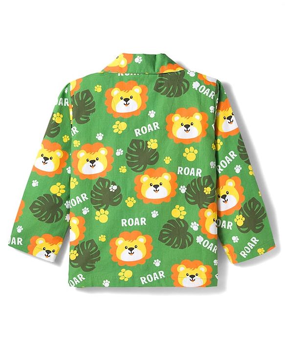 Babyhug Cotton Woven Full Sleeves Co-ord Night Suit With Animal Print - Green