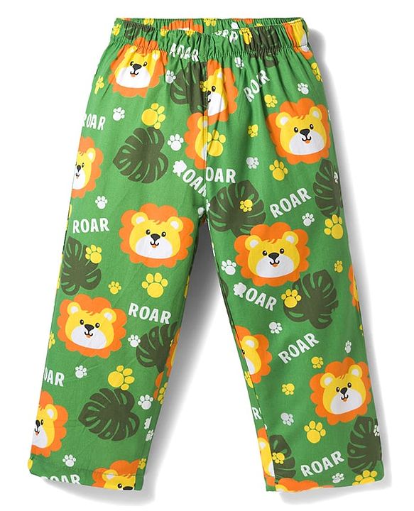 Babyhug Cotton Woven Full Sleeves Co-ord Night Suit With Animal Print - Green
