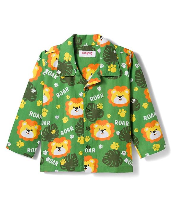 Babyhug Cotton Woven Full Sleeves Co-ord Night Suit With Animal Print - Green