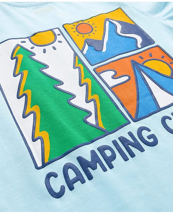 Babyhug Cotton Knit Full Sleeves T-Shirt with Front & Back Camping Graphic - Aqua Blue
