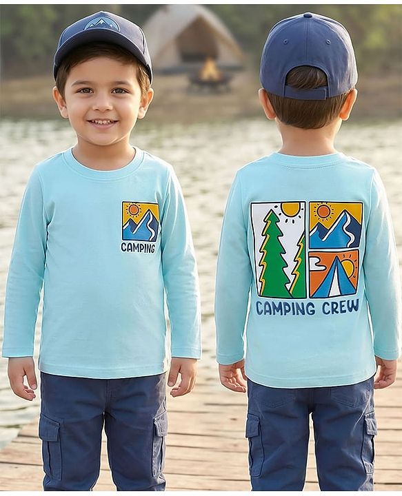 Babyhug Cotton Knit Full Sleeves T-Shirt with Front & Back Camping Graphic - Aqua Blue