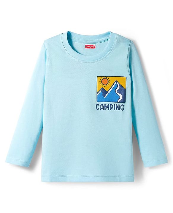 Babyhug Cotton Knit Full Sleeves T-Shirt with Front & Back Camping Graphic - Aqua Blue