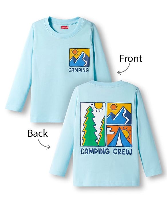 Babyhug Cotton Knit Full Sleeves T-Shirt with Front & Back Camping Graphic - Aqua Blue