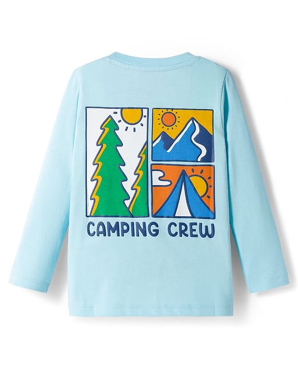 Babyhug Cotton Knit Full Sleeves T-Shirt with Front & Back Camping Graphic - Aqua Blue
