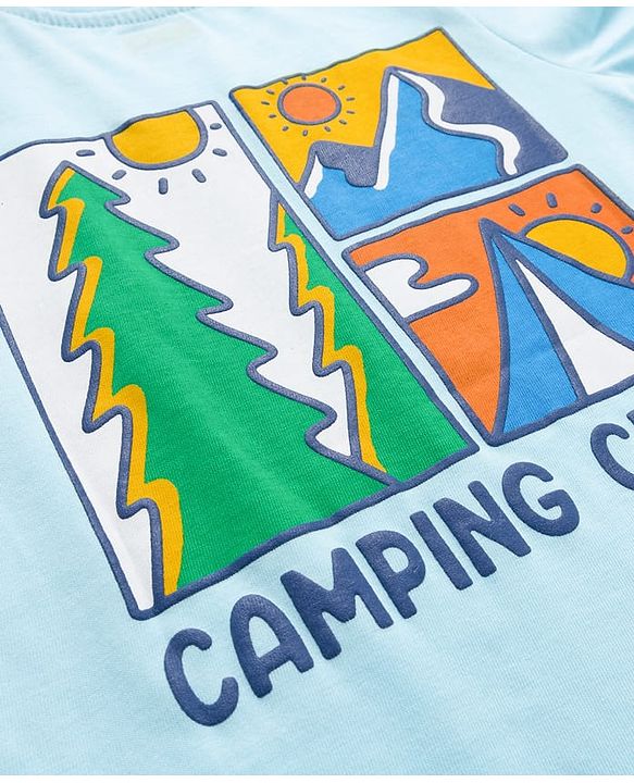Babyhug Cotton Knit Full Sleeves T-Shirt with Front & Back Camping Graphic - Aqua Blue