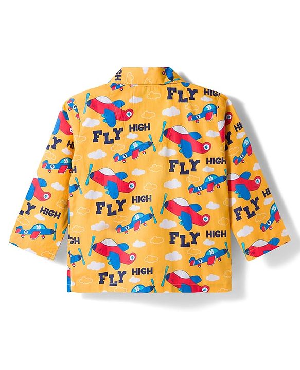 Babyhug Cotton Woven Full Sleeves Co-ord Night Suit With Plane Print - Yellow