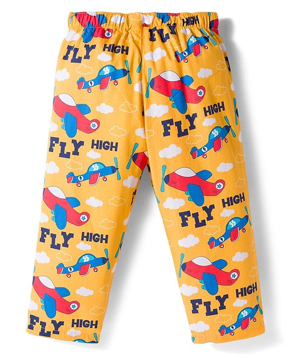 Babyhug Cotton Woven Full Sleeves Co-ord Night Suit With Plane Print - Yellow