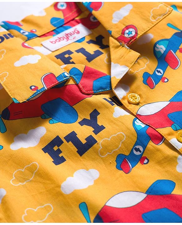 Babyhug Cotton Woven Full Sleeves Co-ord Night Suit With Plane Print - Yellow