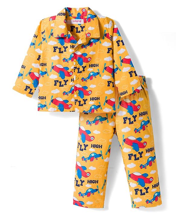 Babyhug Cotton Woven Full Sleeves Co-ord Night Suit With Plane Print - Yellow