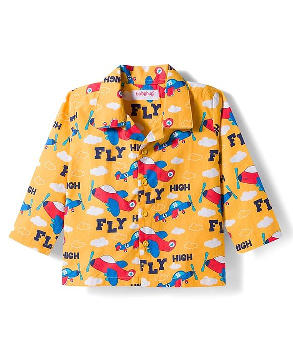 Babyhug Cotton Woven Full Sleeves Co-ord Night Suit With Plane Print - Yellow