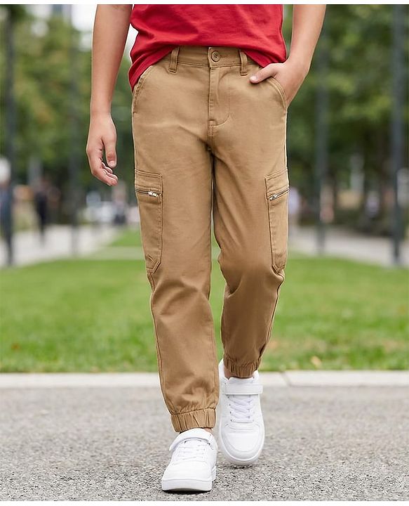 Pine Kids Cotton Elastane Woven Full Length Trouser Pant with Pocket - Brown