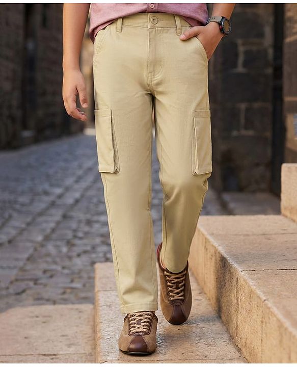 Pine Kids Cotton Woven Full Sleeves Solid Trouser With Cargo Pockets - Khaki
