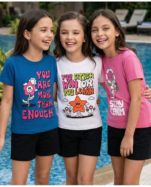 Pine Kids Cotton Knit Half Sleeves T-Shirts with Text Graphic Pack of 3 - Navy Blue Pink & White
