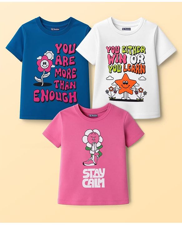 Pine Kids Cotton Knit Half Sleeves T-Shirts with Text Graphic Pack of 3 - Navy Blue Pink & White