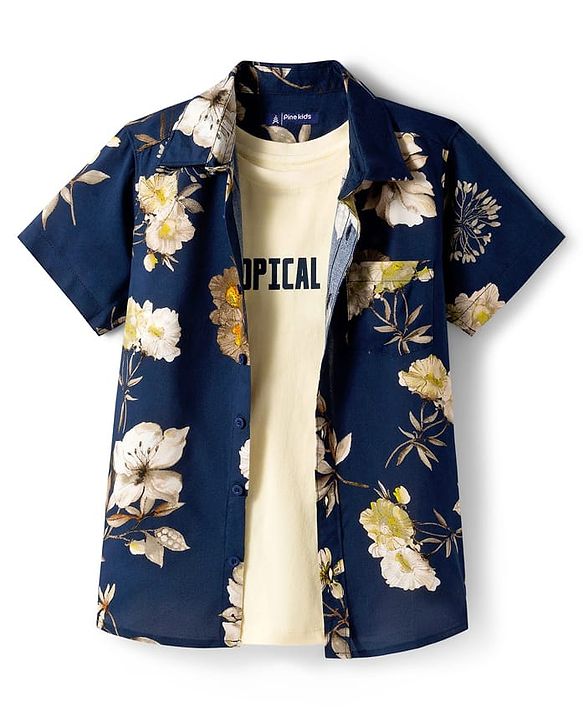 Pine Kids Viscose Half Sleeves Floral Printed Shirt With T-Shirt - Navy