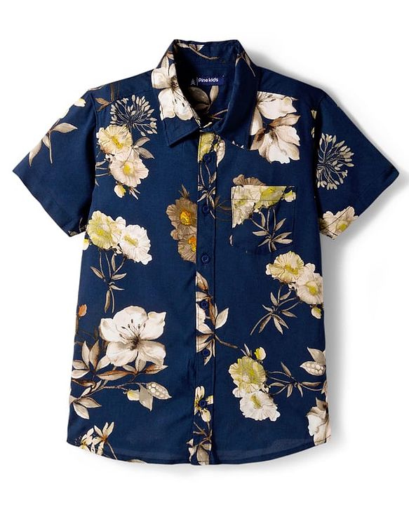 Pine Kids Viscose Half Sleeves Floral Printed Shirt With T-Shirt - Navy
