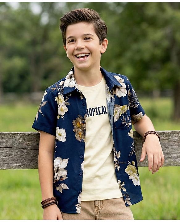 Pine Kids Viscose Half Sleeves Floral Printed Shirt With T-Shirt - Navy