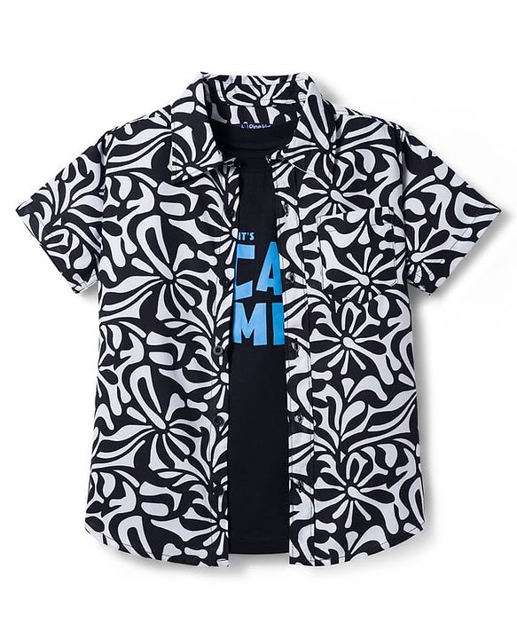 Pine Kids Woven Half Sleeves Printed Shirt With Inner Tee - Multicolor