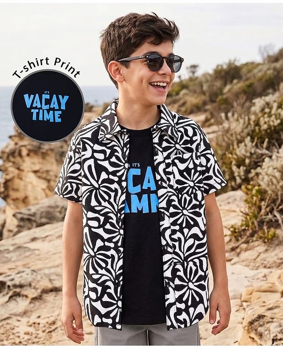 Pine Kids Woven Half Sleeves Printed Shirt With Inner Tee - Multicolor