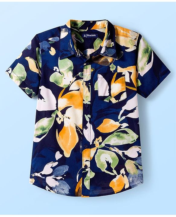 Pine Kids Viscose Woven Half Sleeves Floral Printed Shirt With T-Shirt - Navy Blue