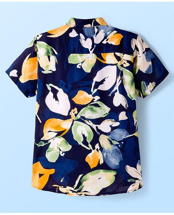Pine Kids Viscose Woven Half Sleeves Floral Printed Shirt With T-Shirt - Navy Blue