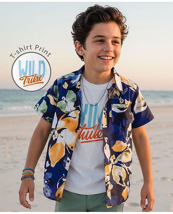 Pine Kids Viscose Woven Half Sleeves Floral Printed Shirt With T-Shirt - Navy Blue