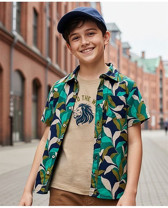 Pine Kids Viscose Woven Half Sleeves Shirt With T-Shirt With Animal Print - Green
