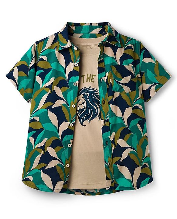 Pine Kids Viscose Woven Half Sleeves Shirt With T-Shirt With Animal Print - Green