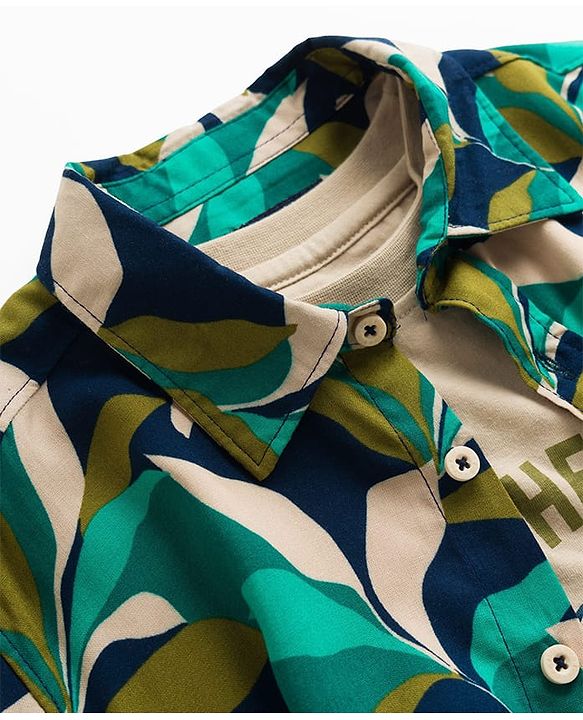 Pine Kids Viscose Woven Half Sleeves Shirt With T-Shirt With Animal Print - Green