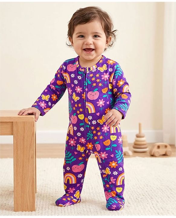 Babyhug Cotton Knit Full Sleeves Footed Sleepsuit With Floral Print - Purple