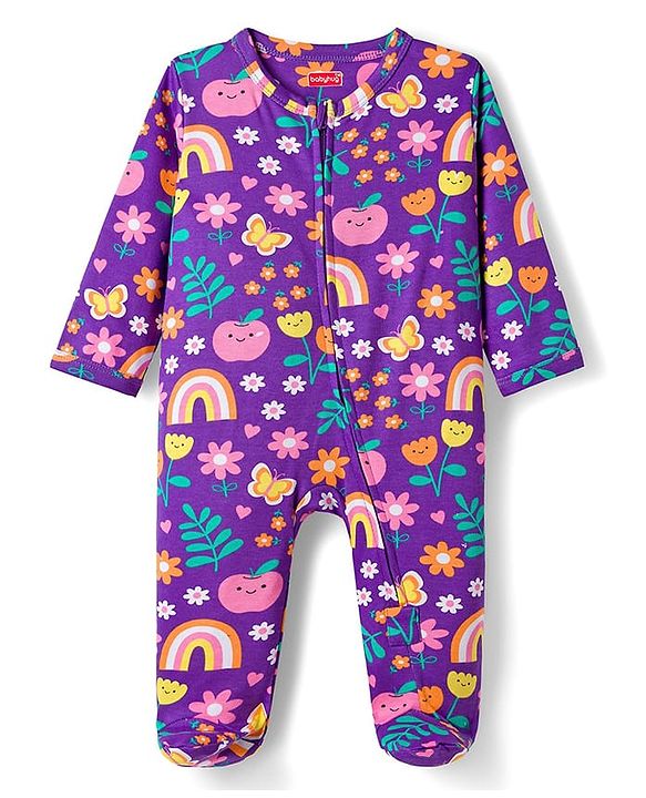 Babyhug Cotton Knit Full Sleeves Footed Sleepsuit With Floral Print - Purple