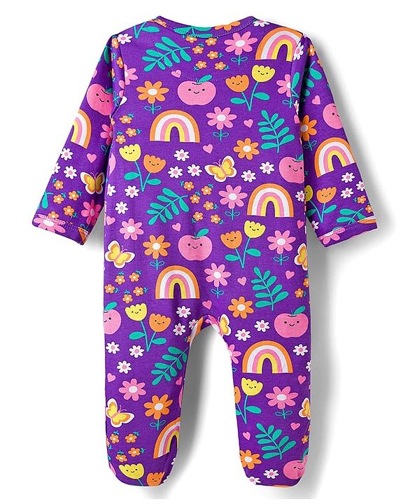 Babyhug Cotton Knit Full Sleeves Footed Sleepsuit With Floral Print - Purple