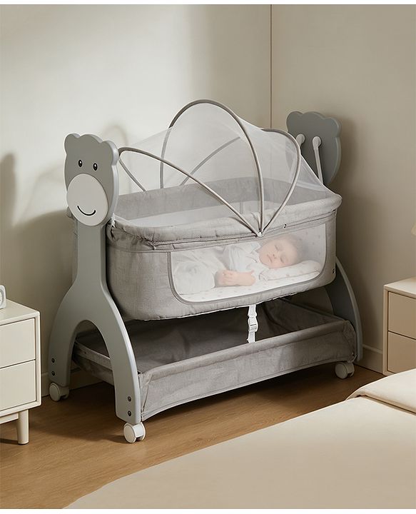 Babyhug Wooden Cradle with Mosquito Net - Grey| Swing Lock & Wheels| Safe & Durable Baby Cot with Storage| Smooth Rocking| Spacious Sleeping Area| Bassinet| Suitable for Newborn