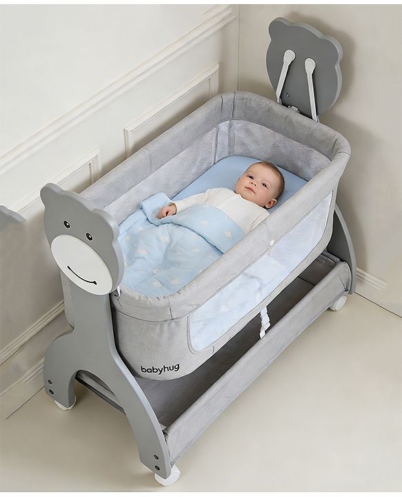 Babyhug Wooden Cradle with Mosquito Net - Grey| Swing Lock & Wheels| Safe & Durable Baby Cot with Storage| Smooth Rocking| Spacious Sleeping Area| Bassinet| Suitable for Newborn