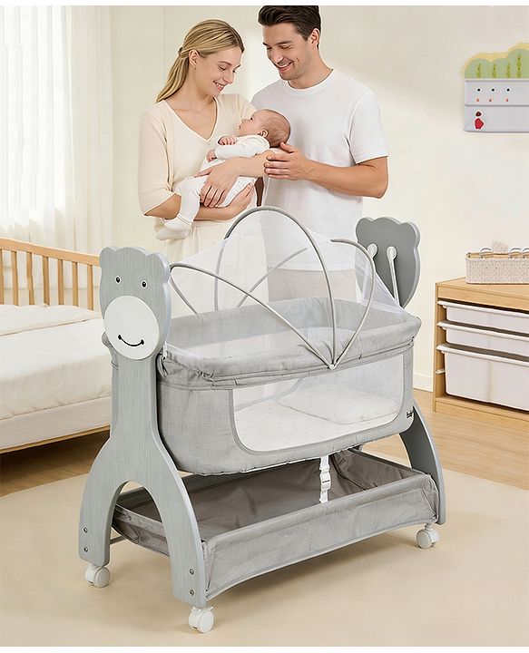 Babyhug Wooden Cradle with Mosquito Net - Grey| Swing Lock & Wheels| Safe & Durable Baby Cot with Storage| Smooth Rocking| Spacious Sleeping Area| Bassinet| Suitable for Newborn