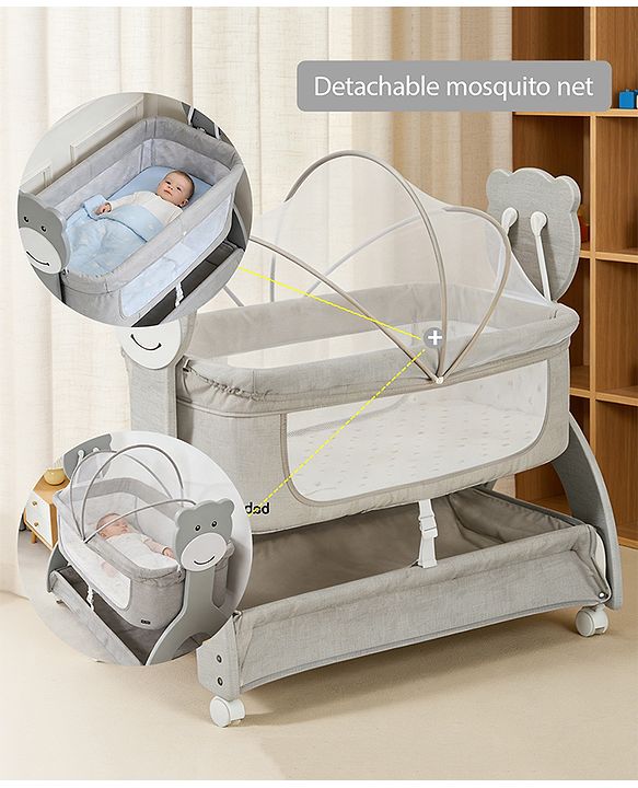 Babyhug Wooden Cradle with Mosquito Net - Grey| Swing Lock & Wheels| Safe & Durable Baby Cot with Storage| Smooth Rocking| Spacious Sleeping Area| Bassinet| Suitable for Newborn