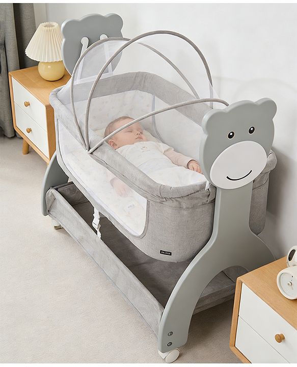 Babyhug Wooden Cradle with Mosquito Net - Grey| Swing Lock & Wheels| Safe & Durable Baby Cot with Storage| Smooth Rocking| Spacious Sleeping Area| Bassinet| Suitable for Newborn