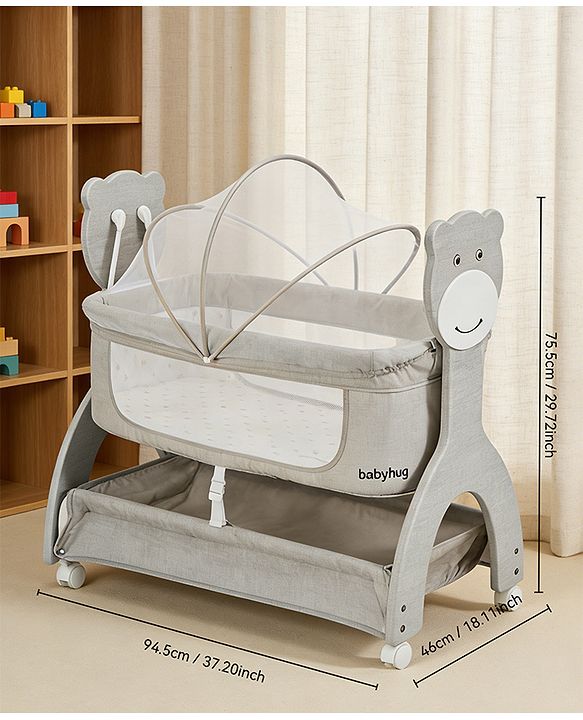 Babyhug Wooden Cradle with Mosquito Net - Grey| Swing Lock & Wheels| Safe & Durable Baby Cot with Storage| Smooth Rocking| Spacious Sleeping Area| Bassinet| Suitable for Newborn