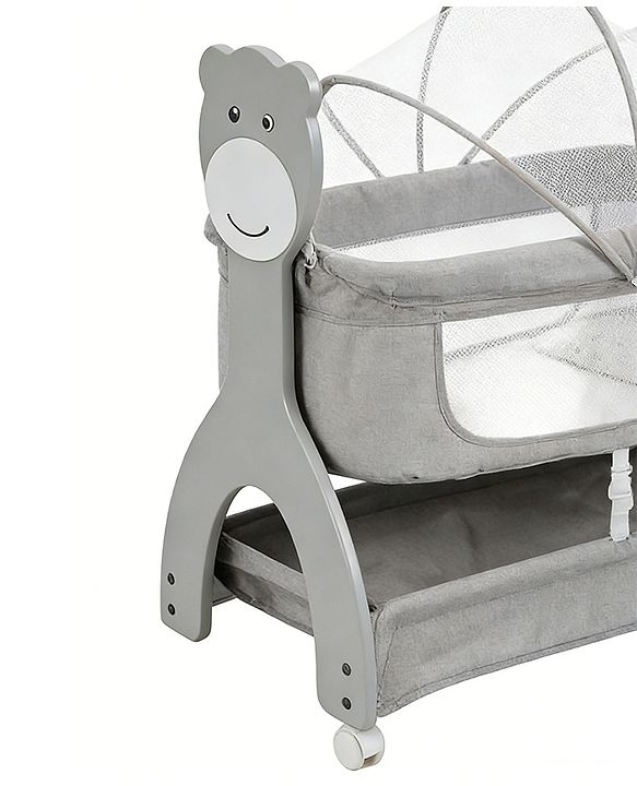 Babyhug Wooden Cradle with Mosquito Net - Grey| Swing Lock & Wheels| Safe & Durable Baby Cot with Storage| Smooth Rocking| Spacious Sleeping Area| Bassinet| Suitable for Newborn