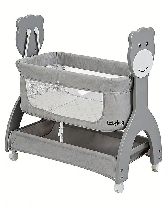 Babyhug Wooden Cradle with Mosquito Net - Grey| Swing Lock & Wheels| Safe & Durable Baby Cot with Storage| Smooth Rocking| Spacious Sleeping Area| Bassinet| Suitable for Newborn