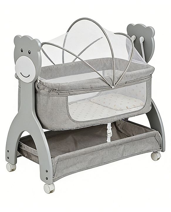 Babyhug Wooden Cradle with Mosquito Net - Grey| Swing Lock & Wheels| Safe & Durable Baby Cot with Storage| Smooth Rocking| Spacious Sleeping Area| Bassinet| Suitable for Newborn